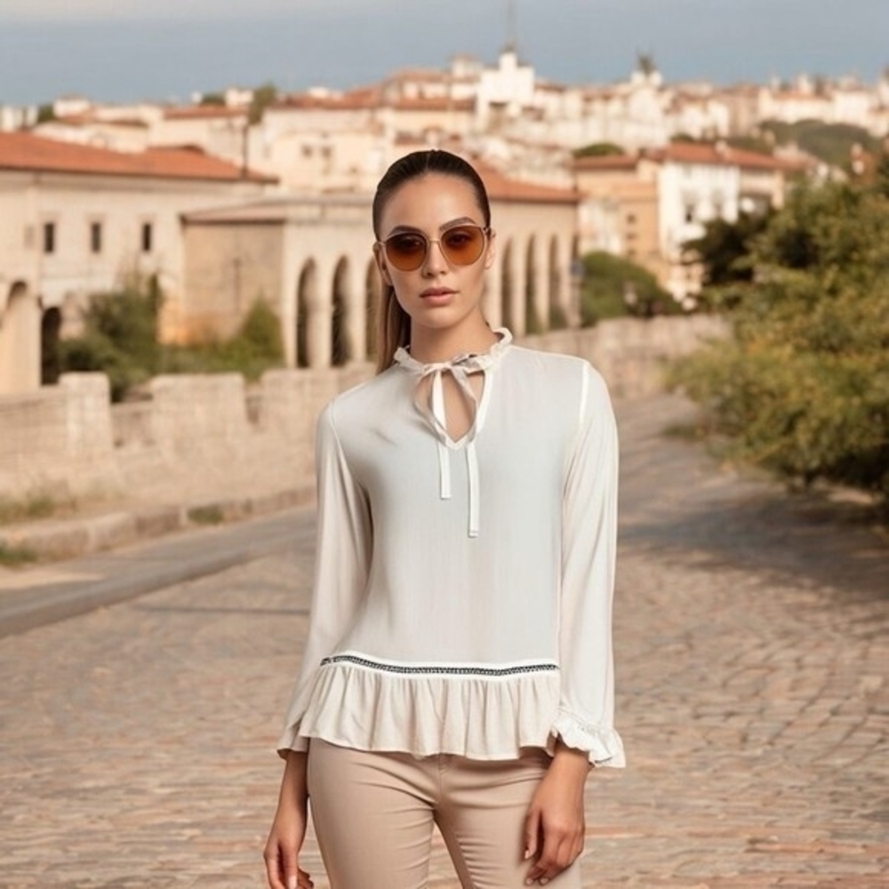 Ro&De Women's Ivory Cream Tie High Collar Ruffle Sheer Blouse S Long Sleeve NWT
